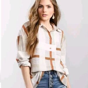 BKE Plaid Button Down Shirt Womens Small Patchwork Preppy Chic Minimalist